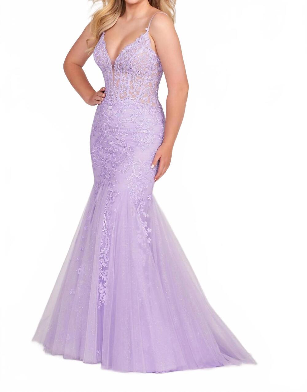NEW ELLIE WILDE v-neck trumpet prom dress in lavender